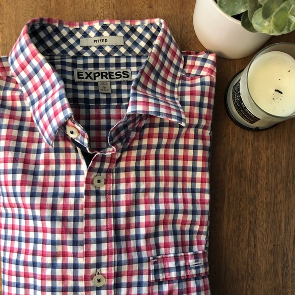 Express: Blue, Red, Plaid Button-down - Picture 1 of 4